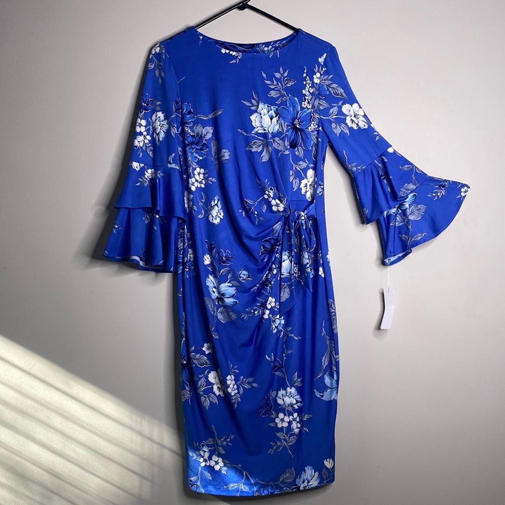 Shelby & Palmer Denim & Gold Floral Side-Gather Double Bell-Sleeve Dress